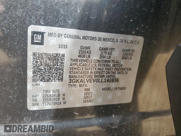 2020 GMC Terrain SLT with VIN 3GKALVEV0LL192836, listed as a Copart auction lot 57177325 with 59,695 mi miles and Salvage title. Bid and sale history available at DreamBid. Image 13.