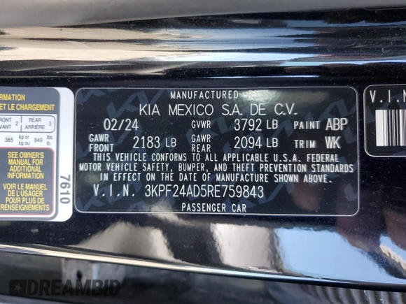 2024 Kia Forte LXS with VIN 3KPF24AD5RE759843, listed as a Copart auction lot 49320645 with 33,428 mi miles and Salvage Title. Bid and sale history available at carsss.com. Image 12.
