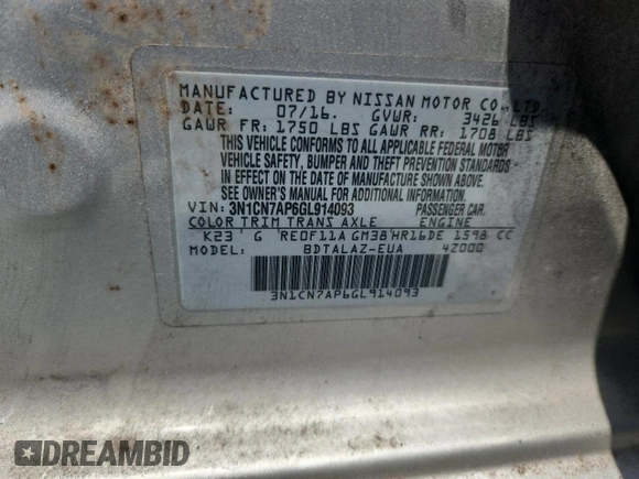 2016 Nissan Versa S Plus with VIN 3N1CN7AP6GL914093, listed as a Copart auction lot 62478035 with 91,217 mi miles and Salvage title. Bid and sale history available at DreamBid. Image 13.