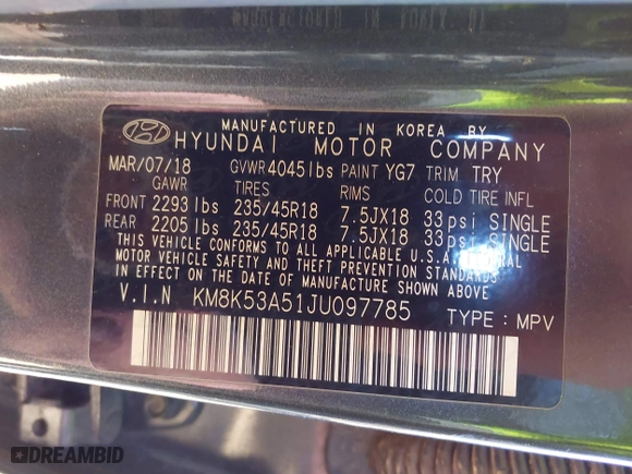 2018 Hyundai Kona Ultimate with VIN KM8K53A51JU097785, listed as a IAAI auction lot 41311804 with 94,446 mi miles. Bid and sale history available at carsss.com. Image 9.