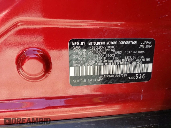 2024 Mitsubishi Eclipse Cross LE с VIN JA4ATVAA0RZ047399, выставлен на аукционе Copart как лот 45558005 с пробегом 12 760 миль миль и Списание • Salvage title. История ставок и продаж доступна на DreamBid. Изображение 13.