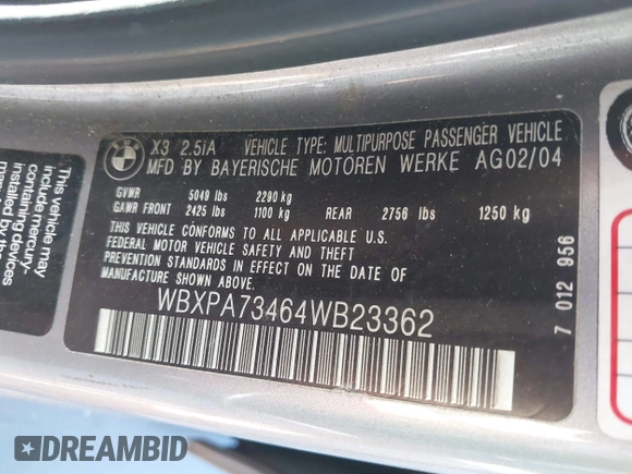2004 BMW X3 2.5i with VIN WBXPA73464WB23362, listed as a IAAI auction lot 39553607 with Not Provided miles and . Bid and sale history available at DreamBid. Image 9.