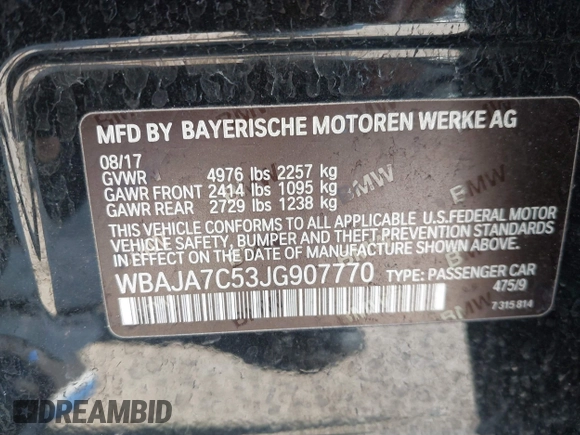 2018 BMW 5 Series 530i xDrive z VIN WBAJA7C53JG907770, wystawiony jako IAAI lot #42366172 z przebiegiem 60 979 mil mil oraz . Historia ofert i sprzedaży dostępna na DreamBid. Obrazek 9.