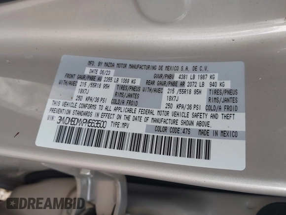 2023 Mazda CX-30 S Premium with VIN 3MVDMBDMXPM563500, listed as a IAAI auction lot 42092423 with 9,148 mi miles and . Bid and sale history available at DreamBid. Image 9.