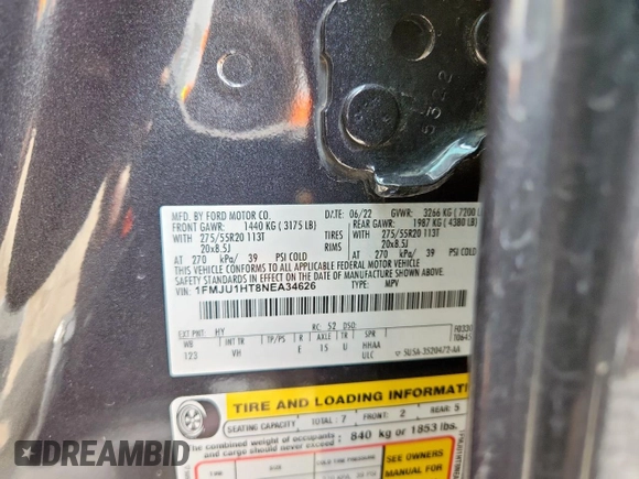 2022 Ford Expedition XLT z VIN 1FMJU1HT8NEA34626, wystawiony jako Copart lot #56818205 z przebiegiem 93 031 mil mil oraz Szkoda całkowita • Salvage title. Historia ofert i sprzedaży dostępna na DreamBid. Obrazek 13.