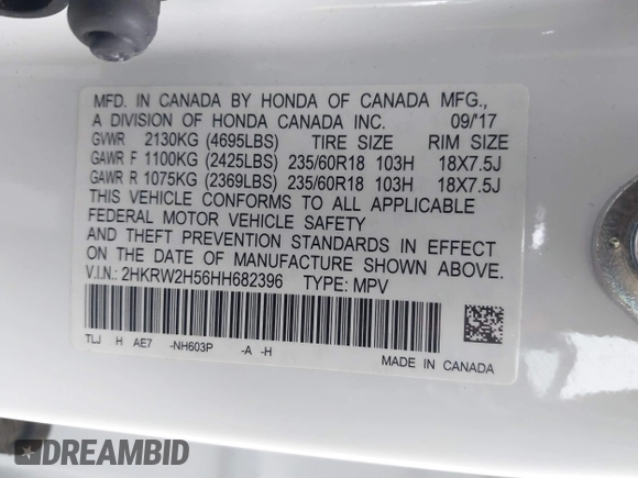 2017 Honda CR-V EX with VIN 2HKRW2H56HH682396, listed as a IAAI auction lot 41569854 with 74,392 mi miles. Bid and sale history available at carsss.com. Image 9.