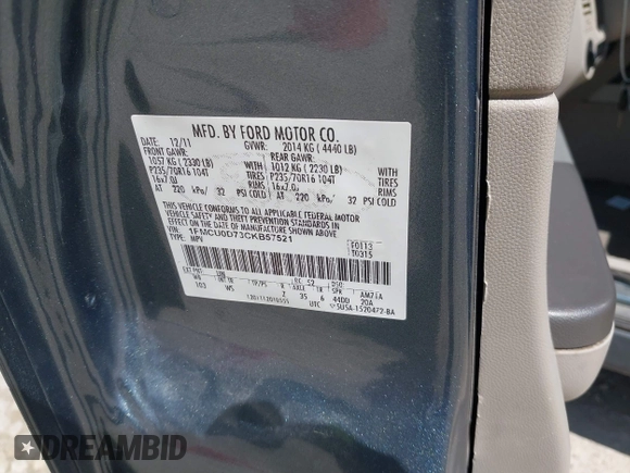 2012 Ford Escape XLT with VIN 1FMCU0D73CKB57521, listed as a IAAI auction lot 42380937 with 155,558 mi miles and . Bid and sale history available at DreamBid. Image 9.