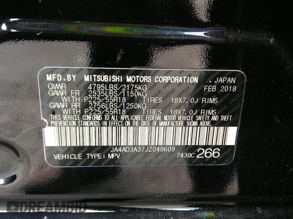 2018 Mitsubishi Outlander SE with VIN JA4AD3A37JZ049609, listed as a IAAI auction lot 34950612 with 85,719 mi miles and . Bid and sale history available at DreamBid. Image 9.