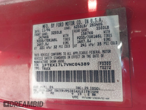 1997 Ford F-150 XL with VIN 1FTEX17L7VNC04389, listed as a IAAI auction lot 41030907 with 194,523 mi miles and . Bid and sale history available at DreamBid. Image 9.