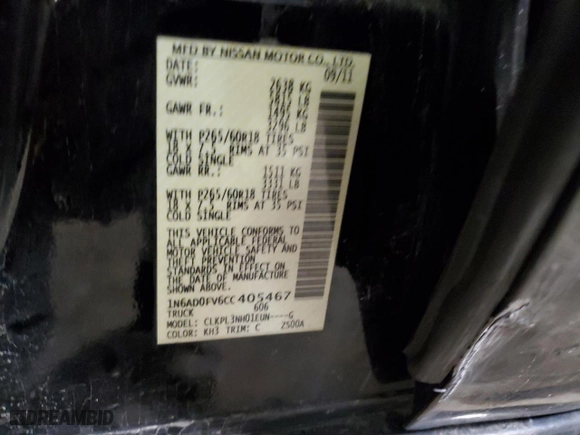 2012 Nissan Frontier SV with VIN 1N6AD0FV6CC405467, listed as a Copart auction lot 46048825 with 115,523 mi miles and Salvage Title. Bid and sale history available at carsss.com. Image 12.
