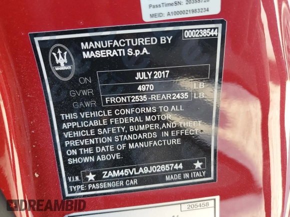 2018 Maserati GranTurismo Sport with VIN ZAM45VLA9J0265744, listed as a Copart auction lot 76110264 with 9,392 mi miles and Non repairable. Bid and sale history available at DreamBid. Image 13.