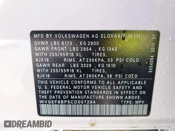 2012 Volkswagen Touareg Sport with VIN WVGEF9BP5CD007294, listed as a IAAI auction lot 41841268 with 160,883 mi miles and . Bid and sale history available at DreamBid. Image 9.