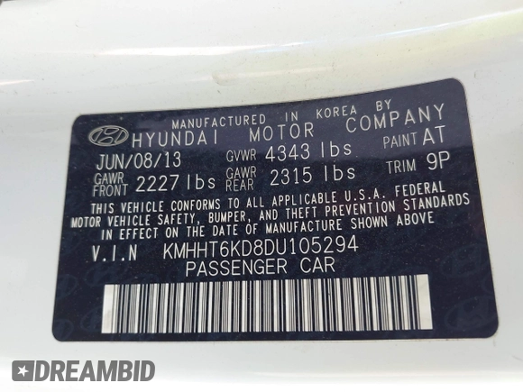 2013 Hyundai Genesis Coupe Premium with VIN KMHHT6KD8DU105294, listed as a IAAI auction lot 42408028 with 148,365 mi miles and . Bid and sale history available at DreamBid. Image 9.