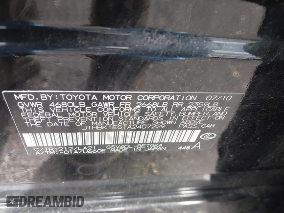 2010 Lexus ES 330 with VIN JTHBK1EG1A2407229, listed as a IAAI auction lot 42259770 with 148,757 mi miles and . Bid and sale history available at DreamBid. Image 9.