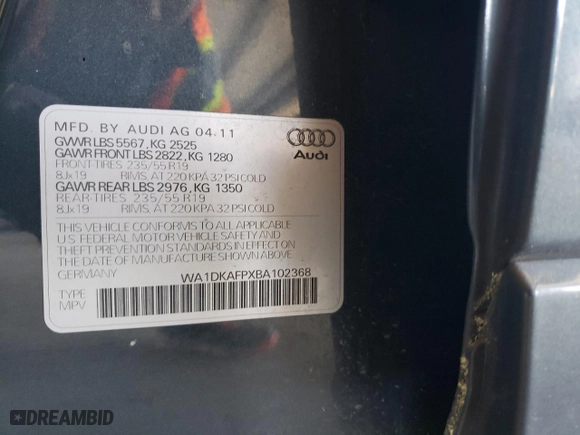 2011 Audi Q5 3.2L Premium Plus with VIN WA1DKAFPXBA102368, listed as a Copart auction lot 51871355 with 107,098 mi miles and Clean Title. Bid and sale history available at carsss.com. Image 12.