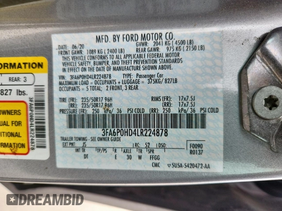 2020 Ford Fusion SE with VIN 3FA6P0HD4LR224878, listed as a Copart auction lot 61371885 with 68,129 mi miles and Clean title. Bid and sale history available at DreamBid. Image 12.