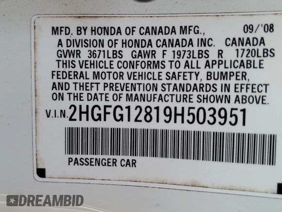 2009 Honda Civic EX with VIN 2HGFG12819H503951, listed as a Copart auction lot 53700325 with 227,731 mi miles and Salvage Title. Bid and sale history available at DreamBid. Image 12.