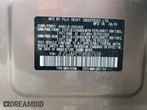 2016 Subaru Forester 2.5i Premium with VIN JF2SJAFC7GH561516, listed as a Copart auction lot 48973665 with 42,844 mi miles and Salvage Title. Bid and sale history available at carsss.com. Image 13.