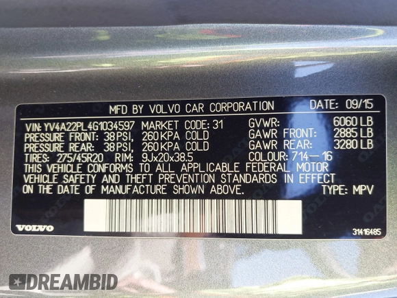 2016 Volvo XC90 T6 Inscription with VIN YV4A22PL4G1034597, listed as a IAAI auction lot 41787550 with 118,744 mi miles. Bid and sale history available at carsss.com. Image 9.