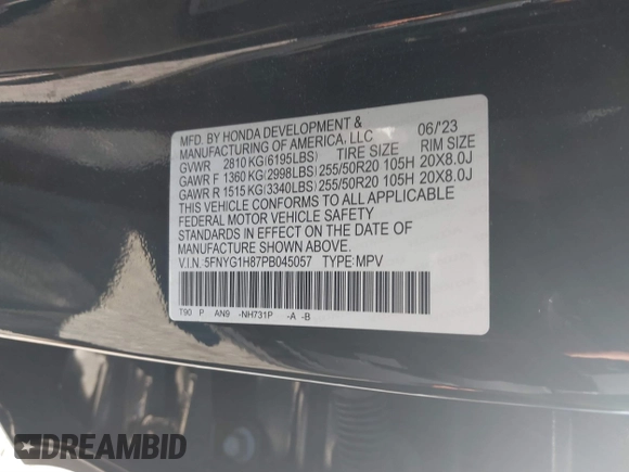 2023 Honda Pilot Elite with VIN 5FNYG1H87PB045057, listed as a IAAI auction lot 41748553 with 44,329 mi miles and . Bid and sale history available at DreamBid. Image 9.