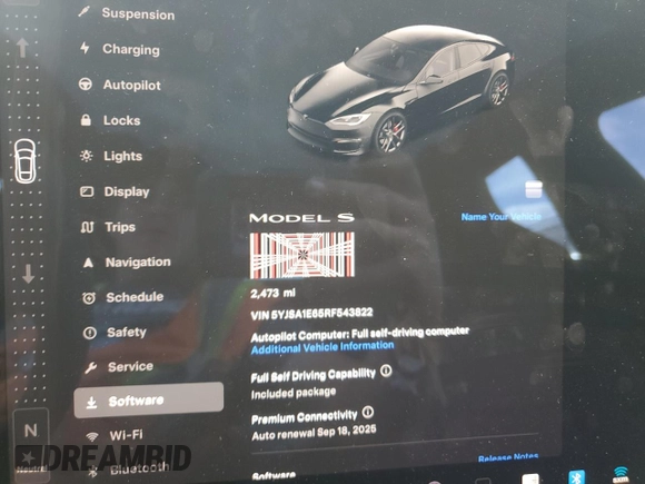 2024 Tesla Model S Plaid z VIN 5YJSA1E65RF543822, wystawiony jako Copart lot #48545205 z przebiegiem 2 473 mil mil oraz Szkoda całkowita • Salvage title. Historia ofert i sprzedaży dostępna na DreamBid. Obrazek 9.