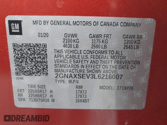 2020 Chevrolet Equinox LS z VIN 2GNAXSEV3L6216007, wystawiony jako IAAI lot #41889041 z przebiegiem 96 406 mil mil oraz . Historia ofert i sprzedaży dostępna na DreamBid. Obrazek 9.