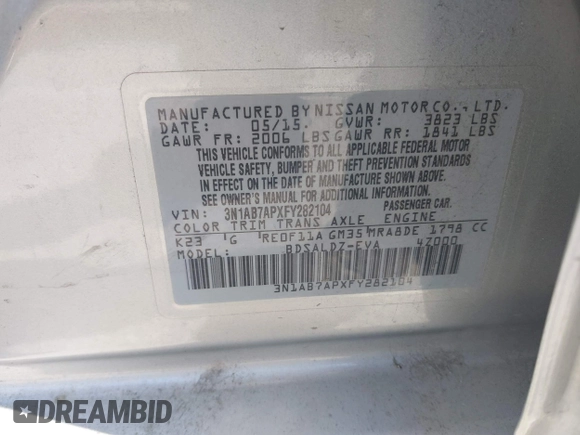 2015 Nissan Sentra S with VIN 3N1AB7APXFY282104, listed as a IAAI auction lot 42004565 with 136,077 mi miles. Bid and sale history available at carsss.com. Image 9.