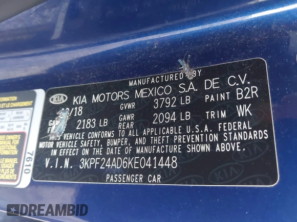 2019 Kia Forte LXS z VIN 3KPF24AD6KE041448, wystawiony jako IAAI lot #42035571 z przebiegiem 128 536 mil mil oraz . Historia ofert i sprzedaży dostępna na DreamBid. Obrazek 9.