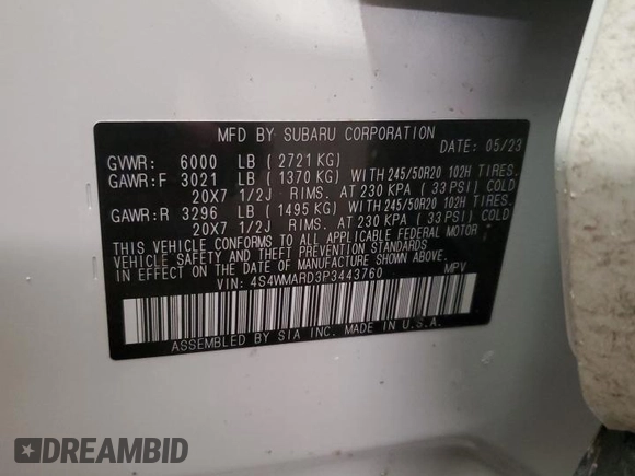 2023 Subaru Ascent Limited z VIN 4S4WMARD3P3443760, wystawiony jako Copart lot #41873485 z przebiegiem Nie podano mil oraz Szkoda całkowita • Salvage title. Historia ofert i sprzedaży dostępna na DreamBid. Obrazek 16.