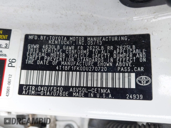 2013 Toyota Camry L with VIN 4T1BF1FK0DU270720, listed as a IAAI auction lot 41977020 with 182,058 mi miles. Bid and sale history available at carsss.com. Image 9.