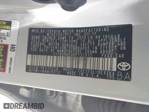 2017 Toyota Corolla L z VIN 5YFBURHE4HP732912, wystawiony jako IAAI lot #42451597 z przebiegiem 73 901 mil mil oraz . Historia ofert i sprzedaży dostępna na DreamBid. Obrazek 9.