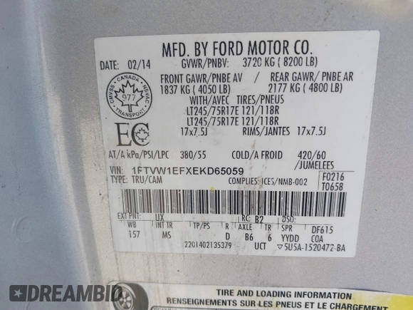 2014 Ford F-150 with VIN 1FTVW1EFXEKD65059, listed as a IAAI auction lot 41791605 with 146,190 mi miles and . Bid and sale history available at DreamBid. Image 9.