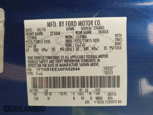 2010 Ford Ranger XL with VIN 1FTKR1EE3APA52644, listed as a IAAI auction lot 42382514 with 89,033 mi miles and . Bid and sale history available at DreamBid. Image 9.