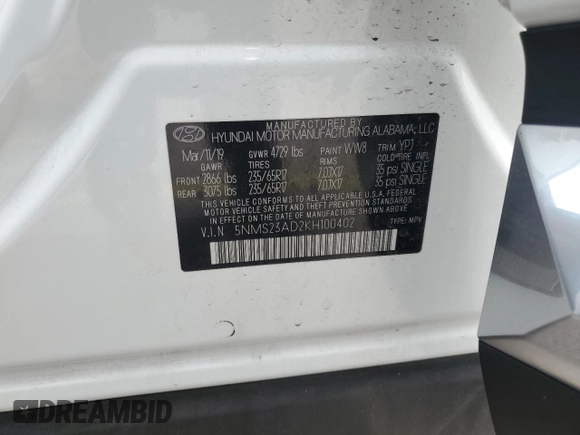 2019 Hyundai Santa Fe SE with VIN 5NMS23AD2KH100402, listed as a Copart auction lot 51335395 with 49,605 mi miles and Salvage Title. Bid and sale history available at carsss.com. Image 13.