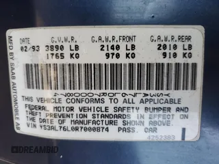 1994 Saab 900 z VIN YS3AL76L0R7000874, wystawiony jako Copart lot #75357314 z przebiegiem 79 898 mil mil oraz Nie do naprawy • Non repairable. Historia ofert i sprzedaży dostępna na DreamBid. Obrazek 13.