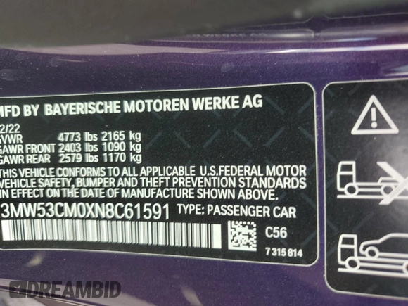 2022 BMW 2 Series M240i xDrive with VIN 3MW53CM0XN8C61591, listed as a Copart auction lot 45224845 with 24,015 mi miles and Salvage title. Bid and sale history available at DreamBid. Image 12.