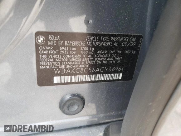 2010 BMW 7 Series 750Li xDrive with VIN WBAKC8C56ACY68961, listed as a Copart auction lot 62660015 with 180,567 mi miles and Clean title. Bid and sale history available at DreamBid. Image 12.