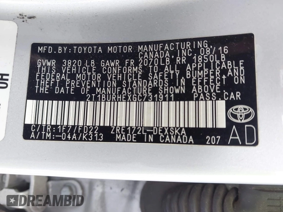 2016 Toyota Corolla L with VIN 2T1BURHEXGC731911, listed as a IAAI auction lot 42540440 with 91,928 mi miles and . Bid and sale history available at DreamBid. Image 9.