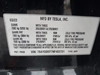 2022 Tesla Model Y Performance with VIN 7SAYGDEF7NF403701, listed as a IAAI auction lot 41961532 with 83,728 mi miles and . Bid and sale history available at DreamBid. Image 9.