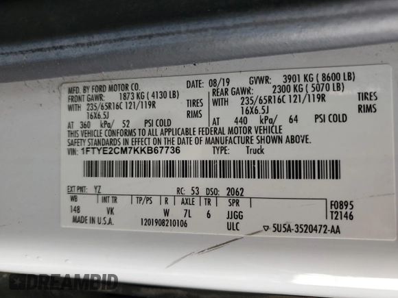 2019 Ford Transit with VIN 1FTYE2CM7KKB67736, listed as a Copart auction lot 59896285 with 120,913 mi miles and Salvage title. Bid and sale history available at DreamBid. Image 13.