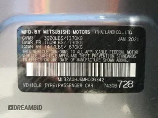 2021 Mitsubishi Mirage ES with VIN ML32AUHJ6MH006342, listed as a Copart auction lot 56396125 with 66,875 mi miles and Salvage title. Bid and sale history available at DreamBid. Image 12.