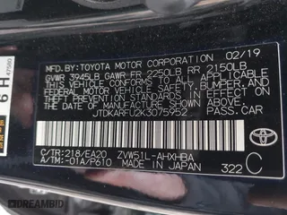 2019 Toyota Prius L Eco with VIN JTDKARFU2K3075952, listed as a IAAI auction lot 41686956 with 81,000 mi miles. Bid and sale history available at carsss.com. Image 9.