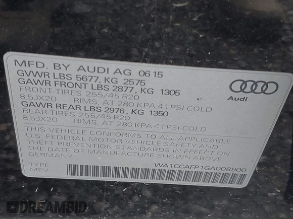 2016 Audi SQ5 Premium Plus with VIN WA1CCAFP1GA008900, listed as a IAAI auction lot 42146175 with 90,510 mi miles and . Bid and sale history available at DreamBid. Image 9.