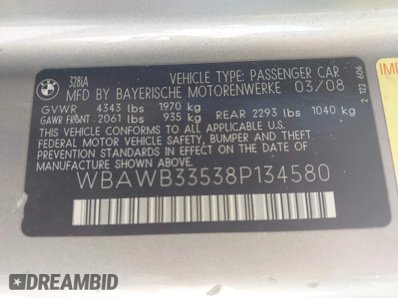 2008 BMW 3 Series 328i with VIN WBAWB33538P134580, listed as a IAAI auction lot 42694374 with 175,103 mi miles and . Bid and sale history available at DreamBid. Image 9.
