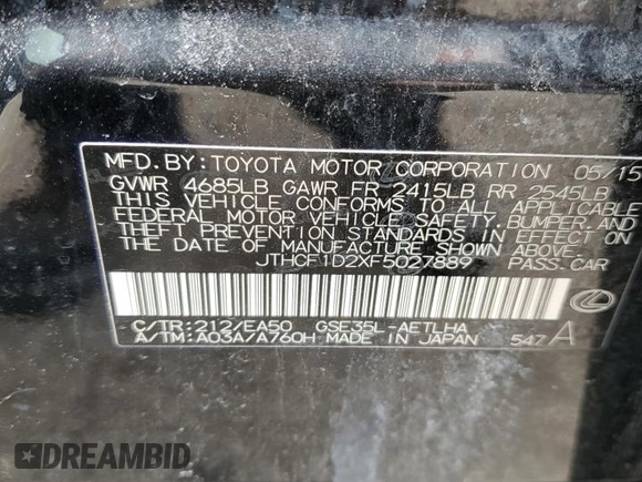 2015 Lexus IS 250 with VIN JTHCF1D2XF5027889, listed as a Copart auction lot 47122285 with 122,426 mi miles and Salvage Title. Bid and sale history available at DreamBid. Image 12.