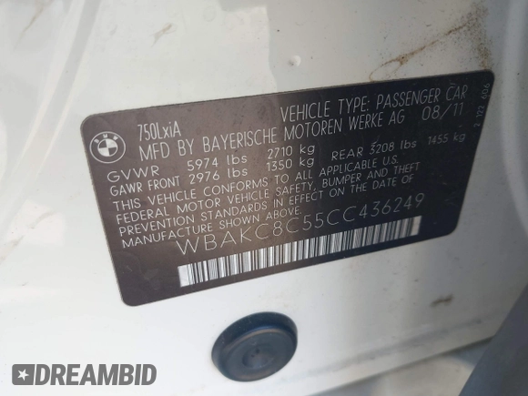 2012 BMW 7 Series 750Li xDrive with VIN WBAKC8C55CC436249, listed as a IAAI auction lot 41790639 with 194,486 mi miles and . Bid and sale history available at DreamBid. Image 9.