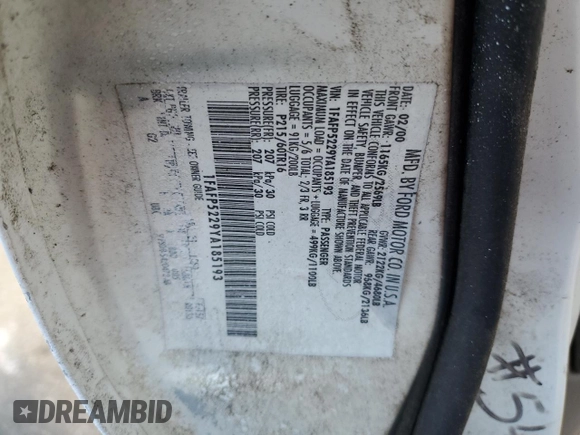 2000 Ford Taurus z VIN 1FAFP5229YA185193, wystawiony jako Copart lot #47105955 z przebiegiem 61 522 mil mil oraz Szkody całkowita. Historia ofert i sprzedaży dostępna na DreamBid. Obrazek 12.