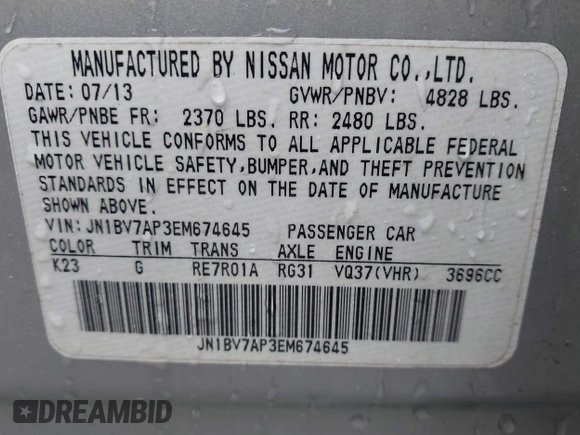 2014 Infiniti Q50 Premium with VIN JN1BV7AP3EM674645, listed as a IAAI auction lot 41941054 with 77,270 mi miles. Bid and sale history available at carsss.com. Image 9.