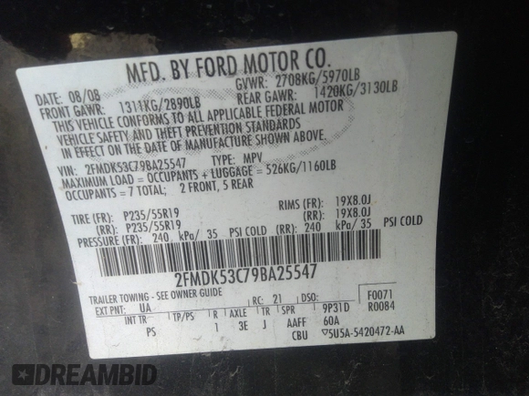 2009 Ford Flex Limited with VIN 2FMDK53C79BA25547, listed as a IAAI auction lot 41650015 with 149,821 mi miles. Bid and sale history available at carsss.com. Image 9.