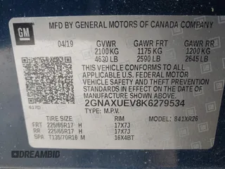 2019 Chevrolet Equinox LT with VIN 2GNAXUEV8K6279534, listed as a IAAI auction lot 41914423 with 52,631 mi miles and . Bid and sale history available at DreamBid. Image 9.